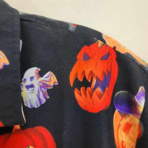 SSLR Halloween pumpkin graphic short sleeve button front shirt men's size medium - Picture 3 of 6
